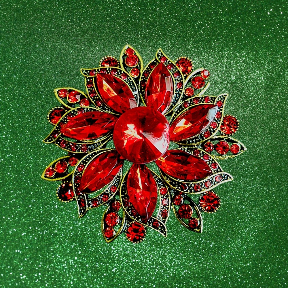 Red Rhinestone Floral Brooch